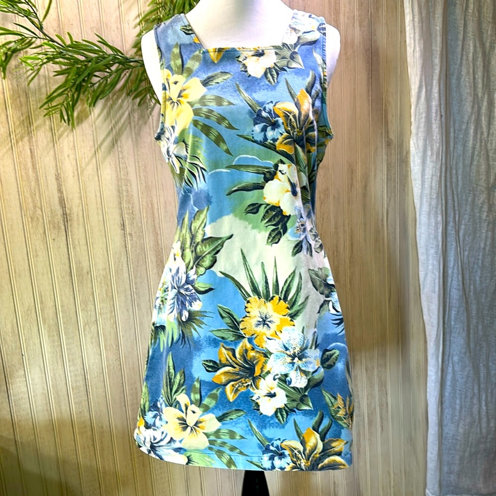 Route 66 Tropical Hawaiian Floral Mini Dress, Size 9-10, EUC, Blue Cream Yellow